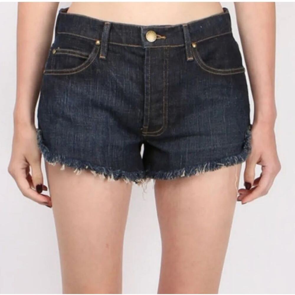 THE GREAT. Dark Indigo Denim Cutoff Shorts